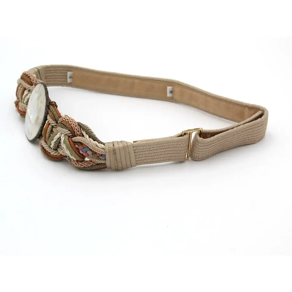 Vintage 80s Cache Belt Shell Buckle Womens Medium Beige Braided Boho Adjustable